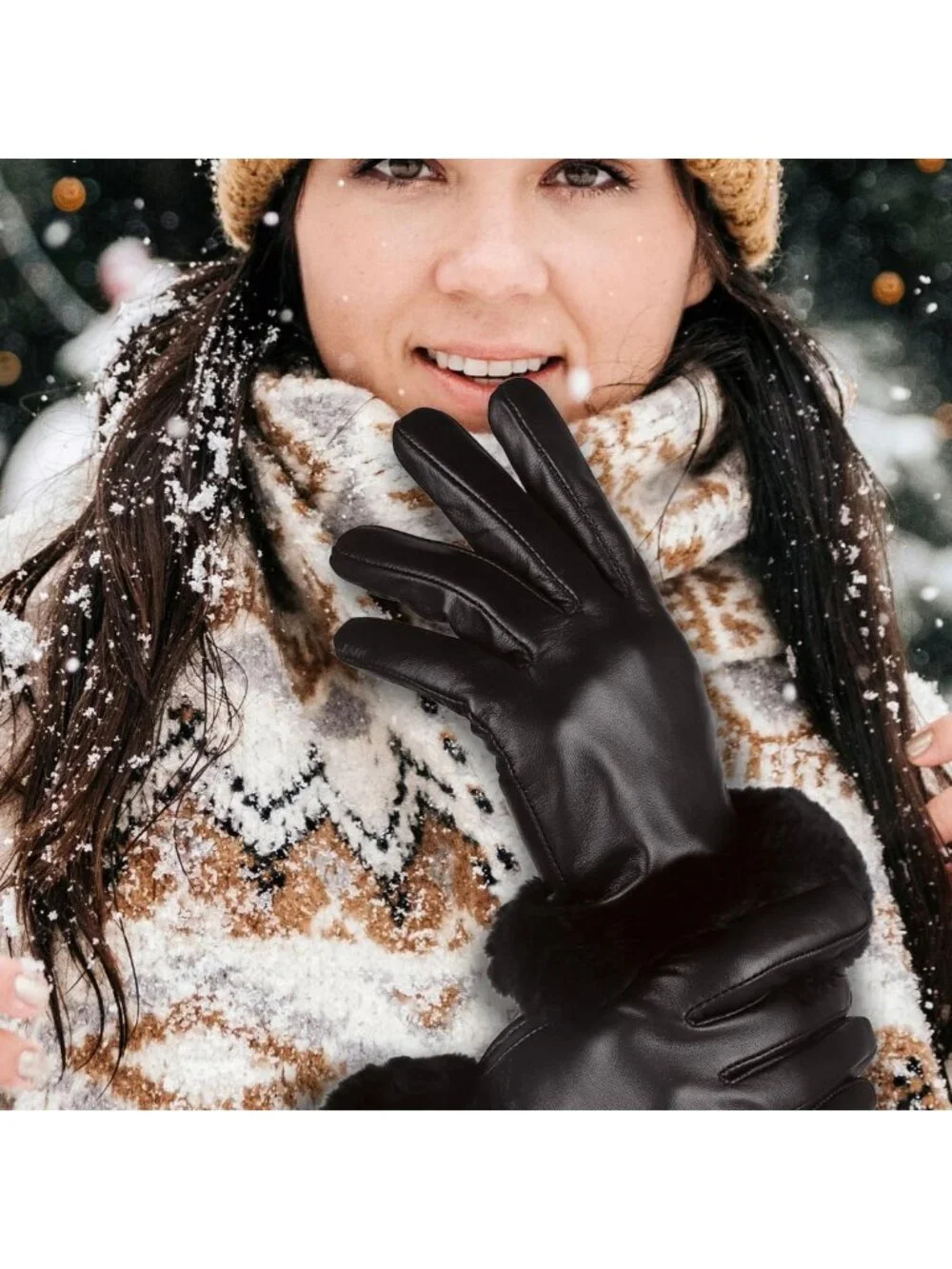Warm Winter Leather Gloves for Women | Touchscreen, Rabbit Fur Cuff, Black